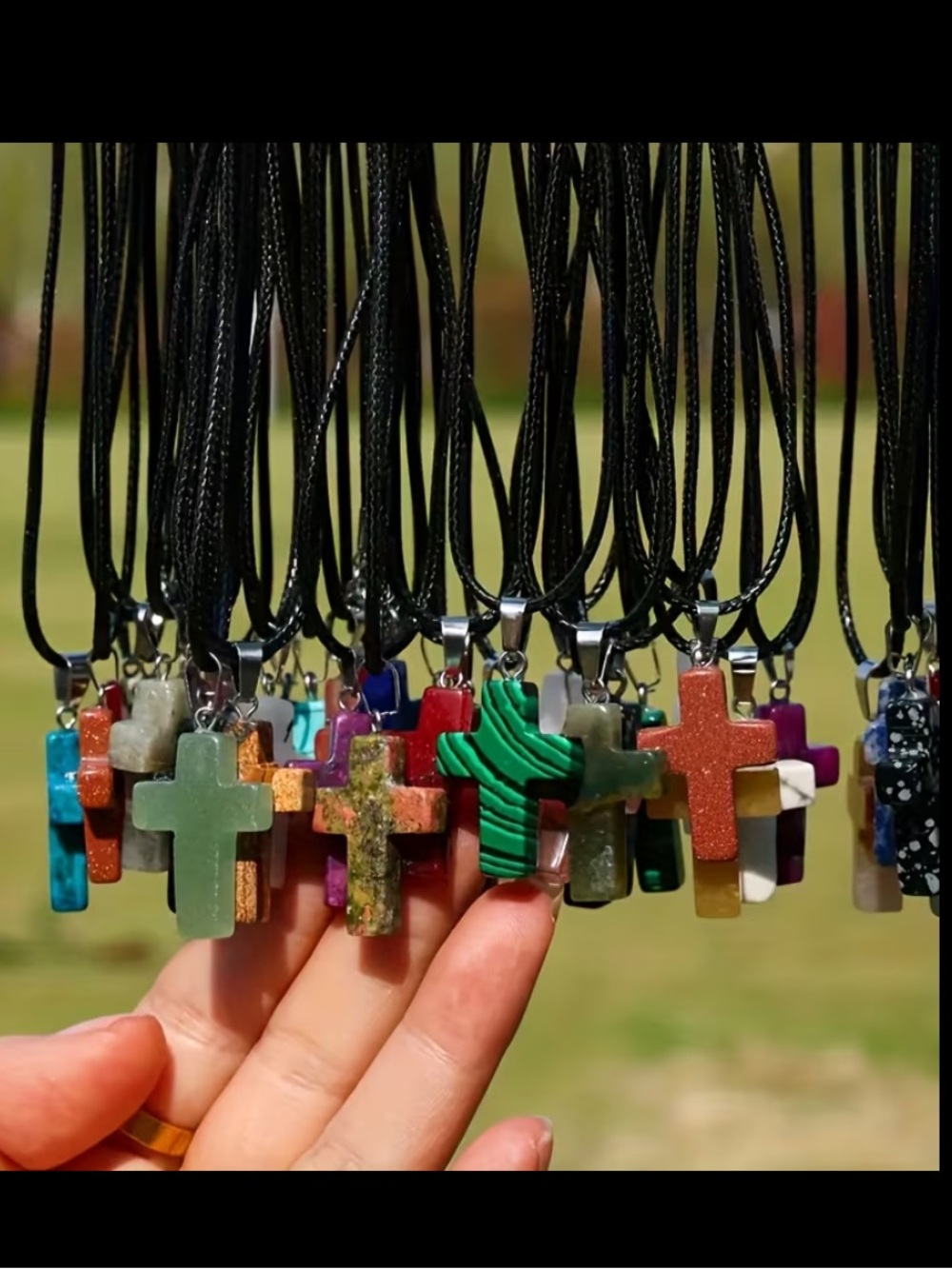 One Assorted Natural Stone Cross Necklace - Multi Color